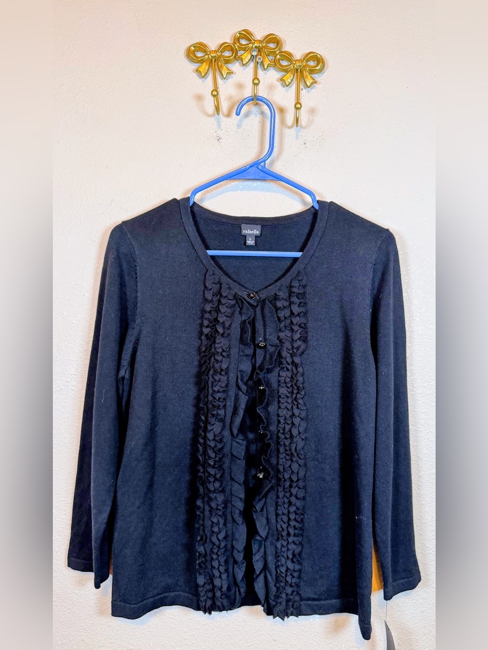 Rafaella Black Ruffle-Front Cardigan Sweater 3/4 Sleeve. Size L